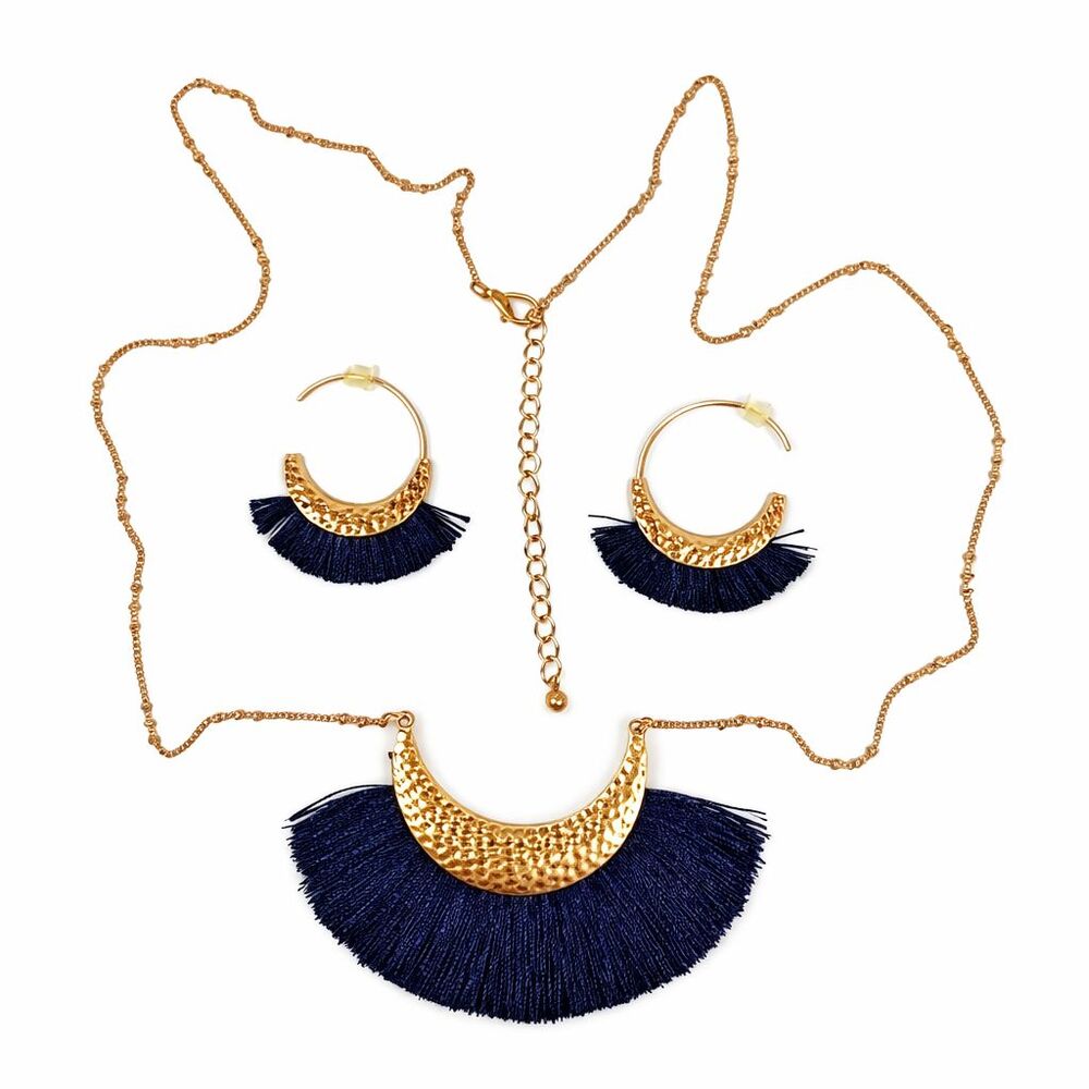 Gold Tone Hammered Metal Navy Blue Fringe Necklace 29" - 32" & Earrings Set